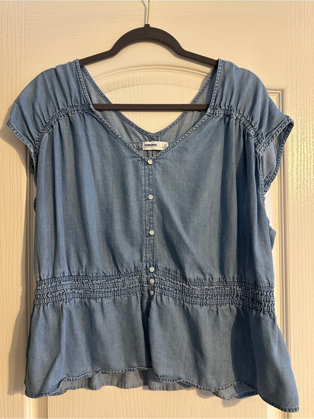 Sonoma Light Blue Chambray Button-Front Peplum Top